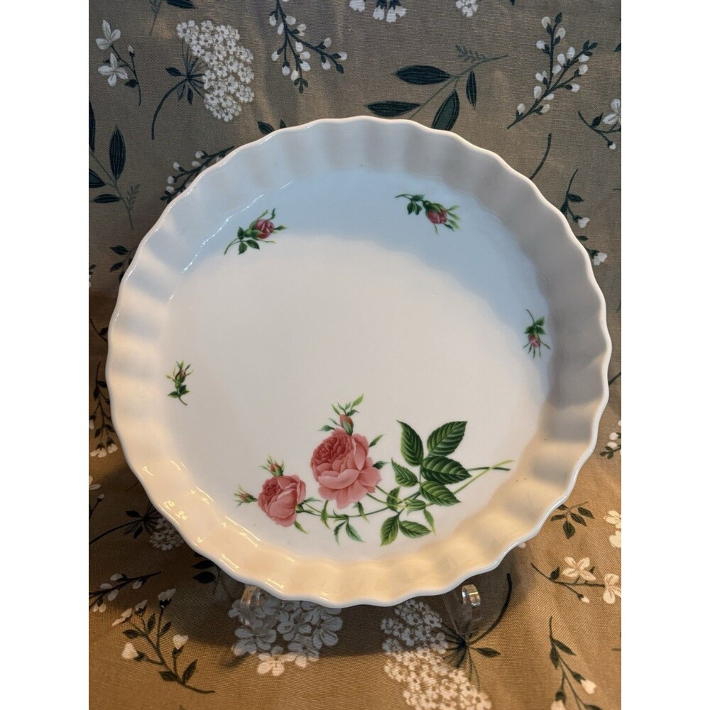 Vtg Christineholm Porcelain Rose Pattern Quiche Tart Pie Plate Dish 9.5 Inches
